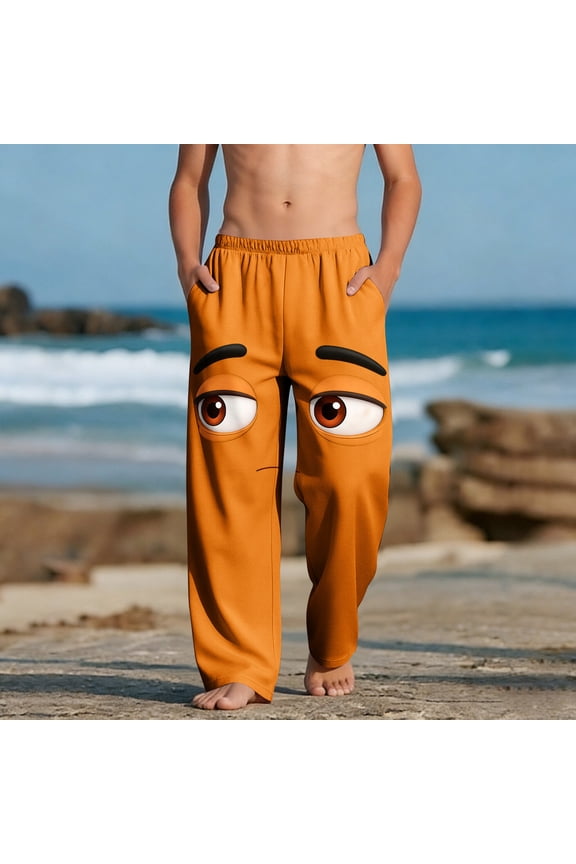 Funny Boys Pants with Cartoon Eyes, Novelty Elastic Waist Play & Lounge Pants, Orange Kids Sizes 3-12 Years,Size 8 T