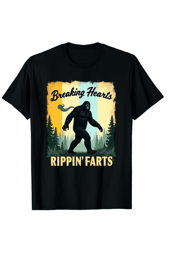 Funny Breaking Hearts Ripping Farts Sasquatch Bigfoot Graphic Black T-Shirt for Men and Women