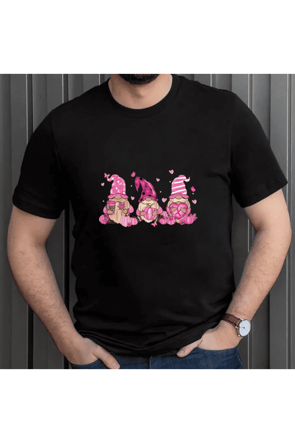 Funny Breast Cancer Gnome Pink Ribbon Support Graphic Unisex T-Shirt, up to size 5XL