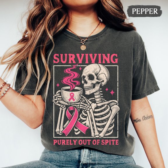 Funny Breast Cancer Survivor Shirt: Surviving Purely Out of Spite Tee, Skeleton Breast Cancer T-Shirt, Halloween Cancer Support Squad Tee