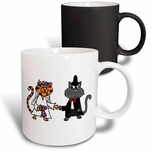 3drose, Funny Bride and Groom Kitty Cat Wedding Cartoon, 11oz Magic Transforming Mug