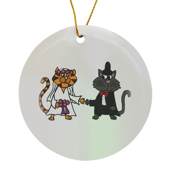 3drose, Funny Bride and Groom Kitty Cat Wedding Cartoon, Circle Porcelain Ornament