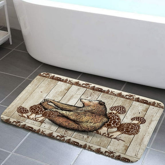 Funny Brown Bear Bath Rugs Mats, Mushroom Farmhouse Wooden Board Non-slip Bathroom Mats Rugs, Rustic Country Vintage Kitchen Bedroom Floor Mat Decor 17x29in