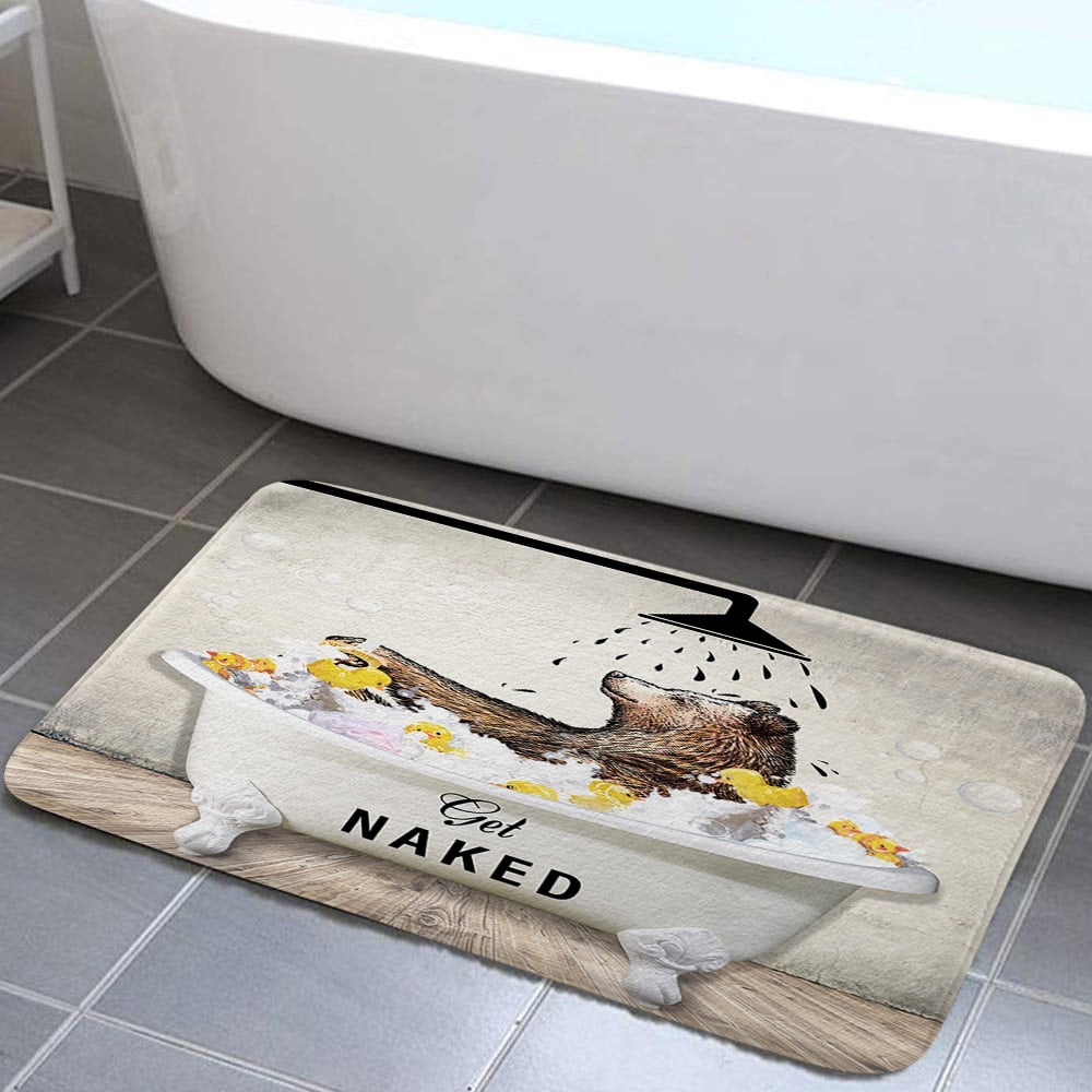 Funny Brown Bear Get Naked Bathroom Rug, Fun Cute Wild Animal in