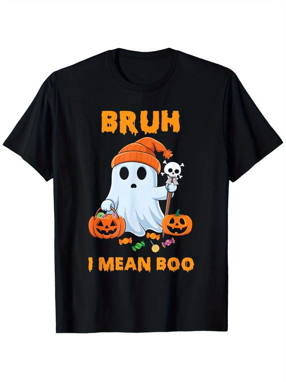 Funny "Bruh I Mean Boo" Halloween T-Shirt -Skull Pumpkin Halloween Graphic Tee for Men Women, Cute Spooky Ghost Short Sleeve T-Shirt, Casual Crew Neck Top for Halloween Gift