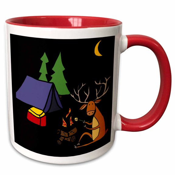3drose, Funny Buck Deer Camping Cartoon, 11oz Two-tone Red Mug