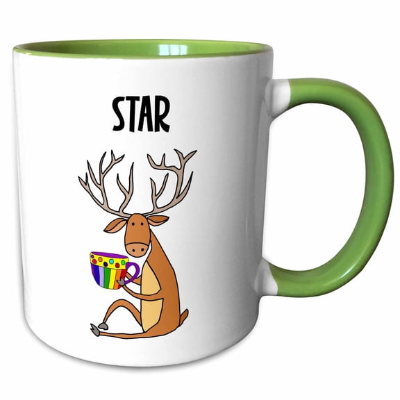 3drose, Funny Buck Deer Named Star Drinking Coffee Pun, 11oz Two-tone Green Mug