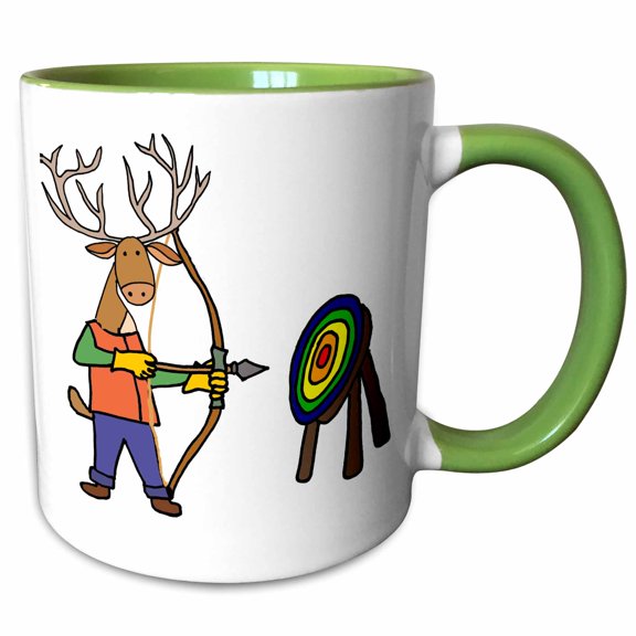 3drose, Funny Buck Deer Practicing Archery with Bow and Arrow, 11oz Two-tone Green Mug