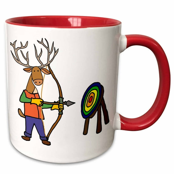 3drose, Funny Buck Deer Practicing Archery with Bow and Arrow, 11oz Two-tone Red Mug