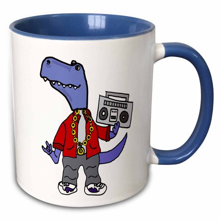 3drose, Funny Bue T-rex Dinosaur Rapper Listening to Rap Music Cartoon, 15oz Two-tone Blue Mug