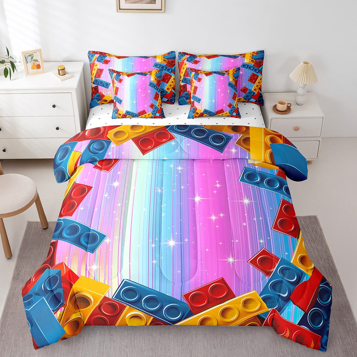 Funny Building Block Bedding Comforter Sets 7Piece Brick Style Bed in