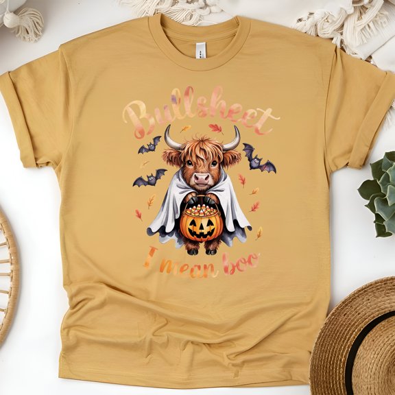 Funny Bullsheet I Mean Boo T-Shirt | Highland Cow Halloween Graphic Tee, Gold, Size S