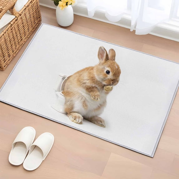 Funny Bunny 2'x3' Washable Rug, Cute Art Fun Lovely Animals on Toilets Non-Slip Soft Doormat Area Rugs for Entrance Bathroom Bedsides, StainResistant Carpet for Kitchen Bedroom, Entryway Floor Mat