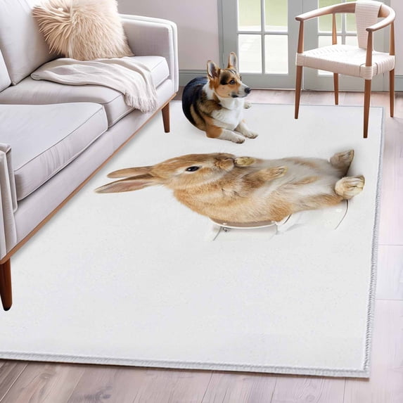 Funny Bunny Area Rug 3x5 Washable Rug Non Slip Cute Art Fun Lovely Animals on Toilets Large Area Rug Indoor Floor Carpet for Entryway Bedroom Kitchen Living Room Home Office Dining Room Nursery