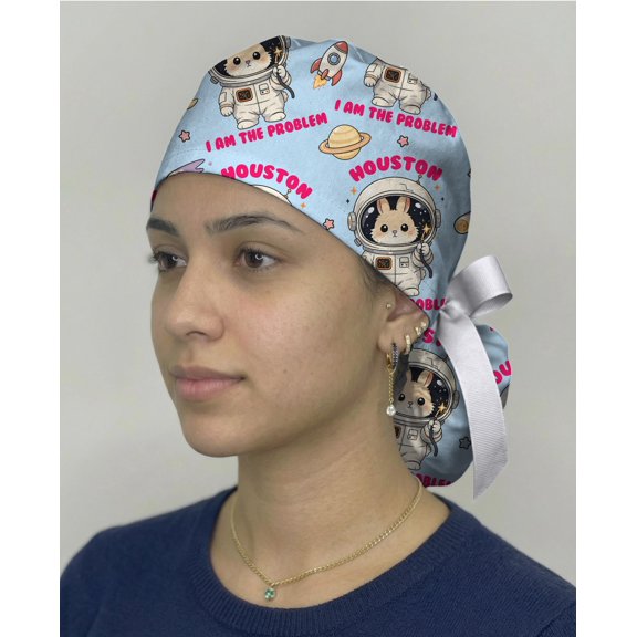 Funny Bunny Astronaut Scrub Cap, Houston I Am The Problem Surgical Cap, Cute Space Rabbit Nurse Scrub Hat, RN CNA Medical Gift