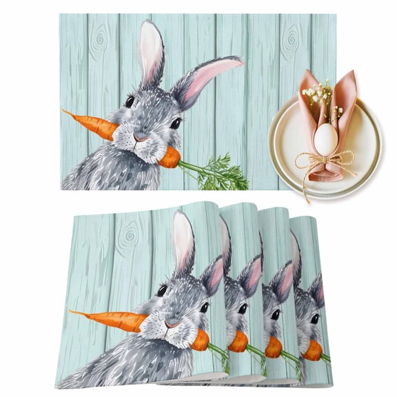 Funny Bunny with Carrots Easter Placemats Set of 4, Spring Light Blue Wood Table Mats Washable Heat-Insulation Non-Slip Place Mats for Kitchen Dinner Table Indoor Outdoor Decor,13x19 Inch