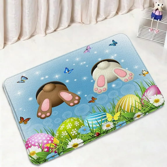 Funny Bunny Easter Bath Mat Set Pink Flowers Butterfly Crucifix Rabbit Eggs Home Carpet Bathroom Decor Floor Rugs Toilet Cover