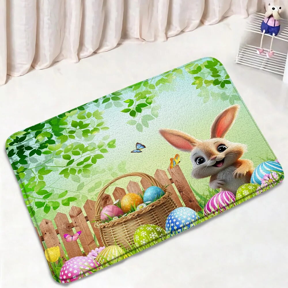 Funny Bunny Easter Bath Mat Set Pink Flowers Butterfly Crucifix Rabbit