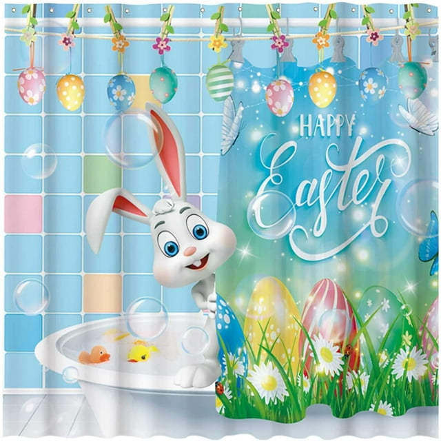 Funny Bunny Easter Shower Curtain Art Cute Rabbit Decoration Set 72" x
