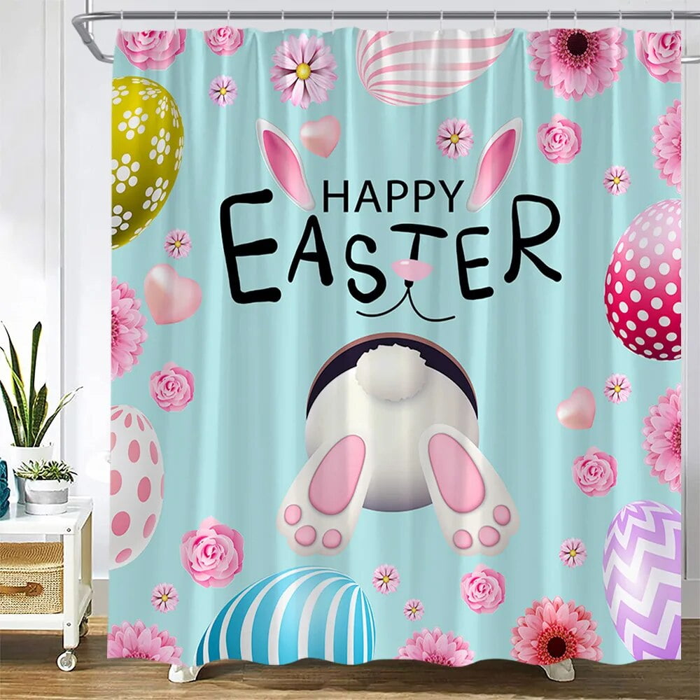 Funny Bunny Easter Shower Curtains Cute Cartoon Animal Rabbit Eggs