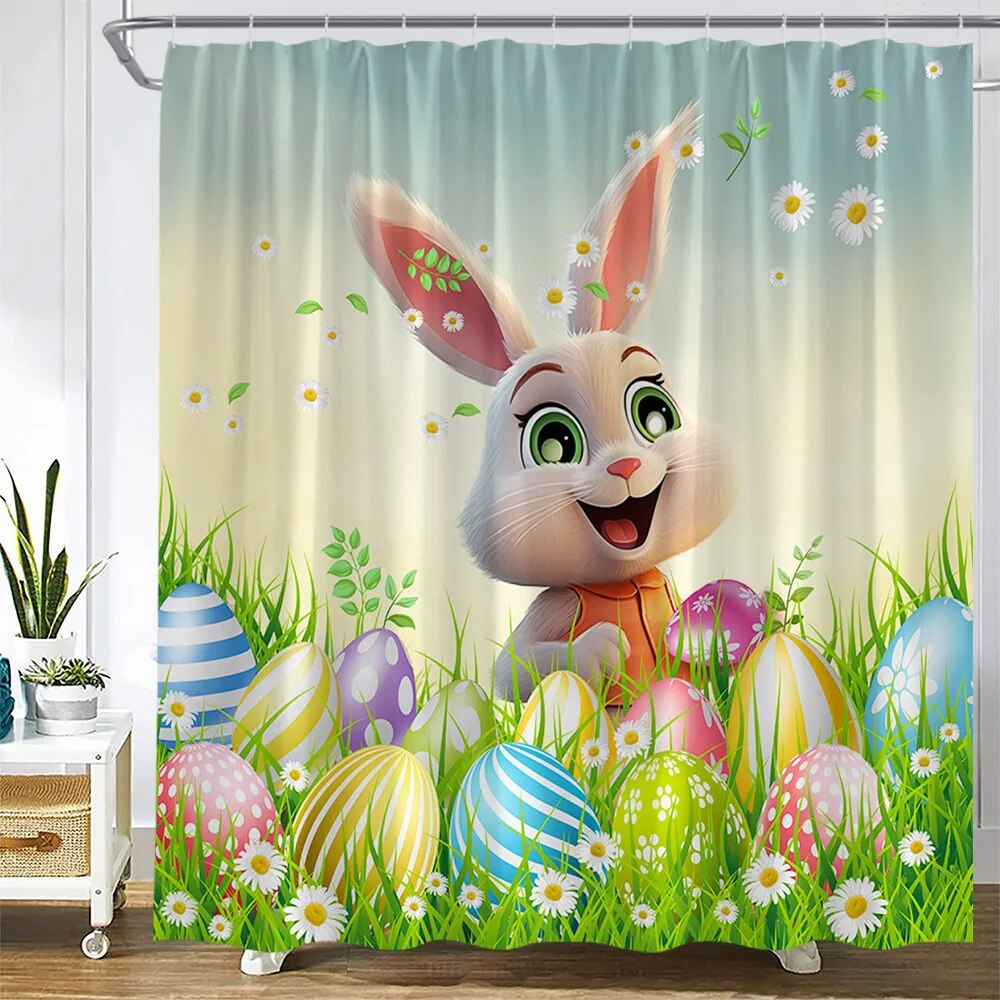 Funny Bunny Easter Shower Curtains Cute Cartoon Animal Rabbit Eggs