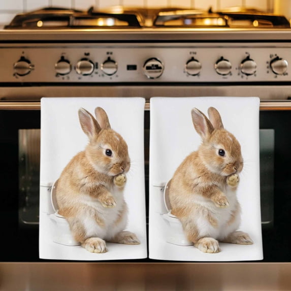 Funny Bunny Kitchen Towels Set of 2, Cute Art Fun Lovely Animals on Toilets Absorbent Dish Towels for Kitchen, Microfiber Hand Towel, Quick Drying Tea Towel for Cleaning Decorative Dishcloths