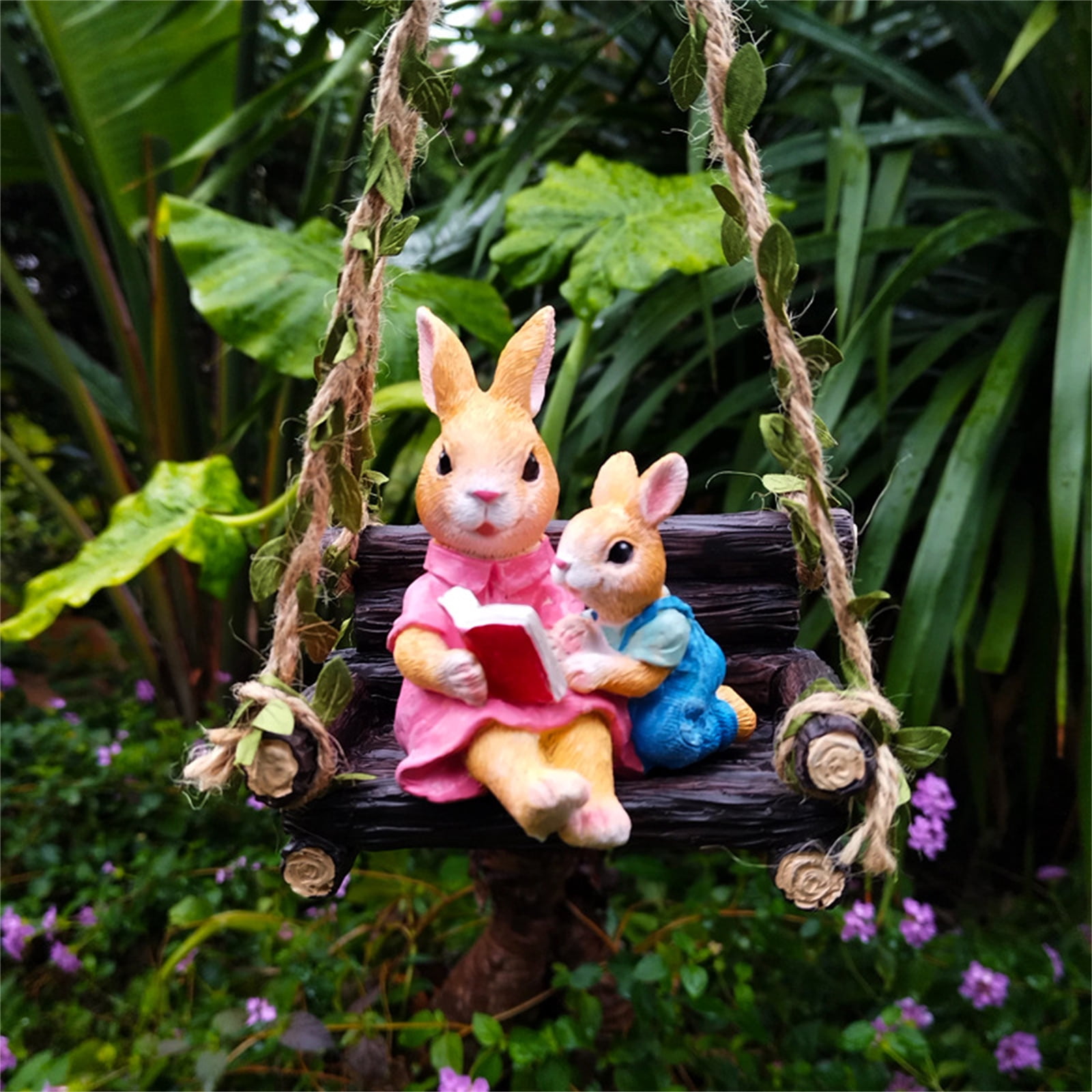 リメイク鉢　常滑焼き　8号 Rabbit Family in Tree Funny Bunny Reading Book on Swing Statue Decor,Farmhouse Whimsical
