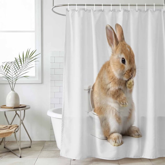 Funny Bunny Small Stall Shower Curtain, Waterproof Shower Curtains for Bathroom, Cute Art Fun Lovely Animals on Toilets Washable Fabric Bath Curtain for Bathtub Decoration with Hooks 36x78 Inches