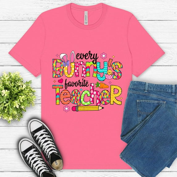 Funny Bunny Teacher Shirt – Colorful Spring Classroom Graphic T-Shirt, CharityPink, M
