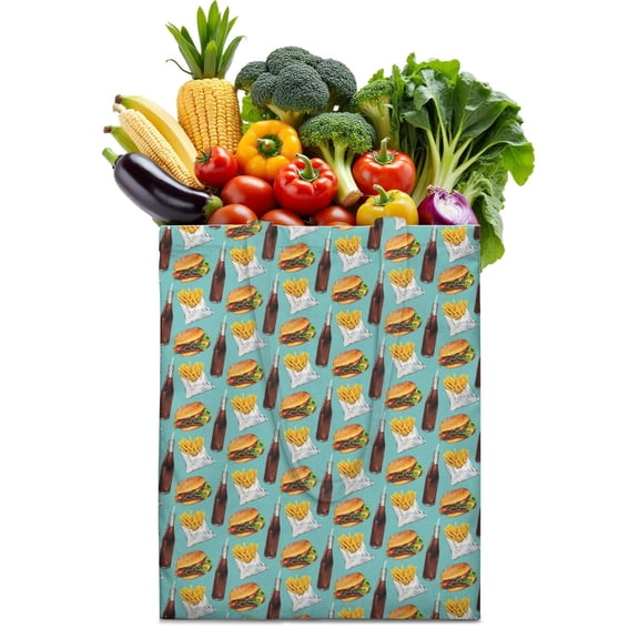 Funny Burger & Fast Food Print Canvas Tote Bag – Retro Kawaii Reusable Shopping Bag with Cheeseburger, Fries, Pickle & Sandwich Design for Foodies & American Junk Food Lovers