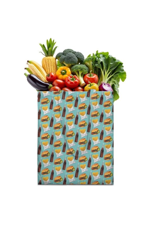 Funny Burger & Fast Food Print Canvas Tote Bag – Retro Kawaii Reusable Shopping Bag with Cheeseburger, Fries, Pickle & Sandwich Design for Foodies & American Junk Food Lovers