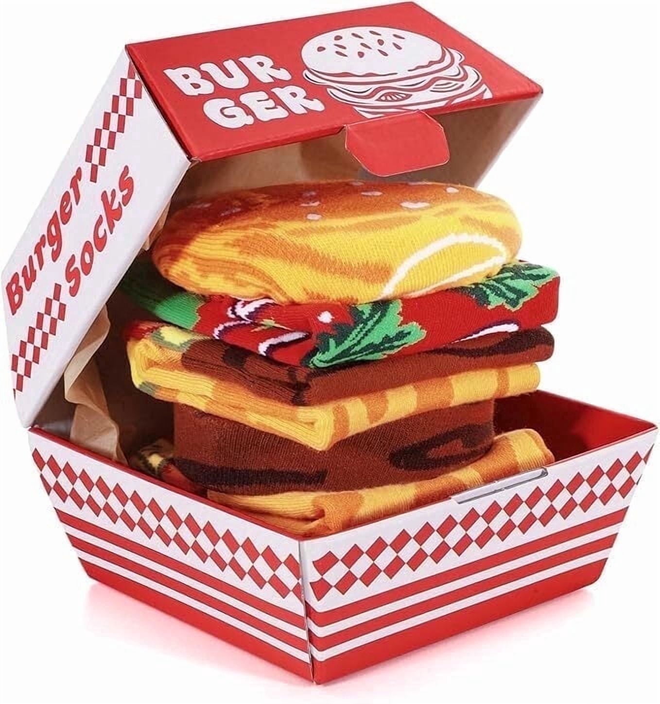 Funny Burger Socks Box for Men Dad Women Teen Boys -Funny Gifts Hamburger Novelty Funky Crazy Silly Cool Food Socks -Fathers Valentines Day Birthday Gag Christmas Gift Ideas Stocking Stuffers
