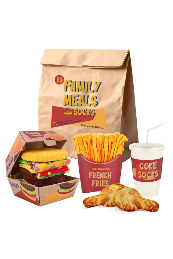 Funny Fast Food Socks Gift Set with Takeout Bag - FAMILY MEAL Novelty Crazy Cool Crazy Socks for Men Women Teen Boys -Fathers Valentines Birthday Christmas Fun Gifts Stocking Stuffers 5 Pairs