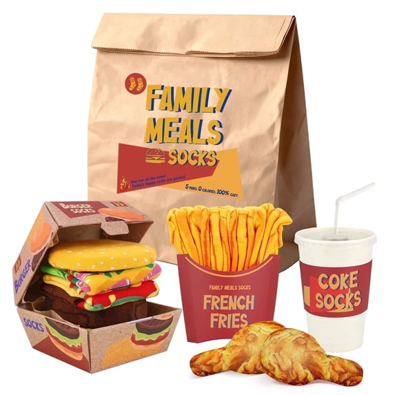 Funny Fast Food Socks Gift Set with Takeout Bag - FAMILY MEAL Novelty Crazy Cool Crazy Socks for Men Women Teen Boys -Fathers Valentines Birthday Christmas Fun Gifts Stocking Stuffers 5 Pairs