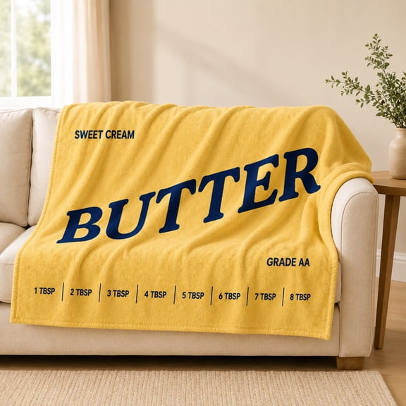 Funny Butter Throw Blanket, Yellow Butter Print Flannel Blanket, Soft Novelty Blanket for Couch Sofa Bed, Meme Food Blanket for Bedroom Living Room, White Elephant Gift