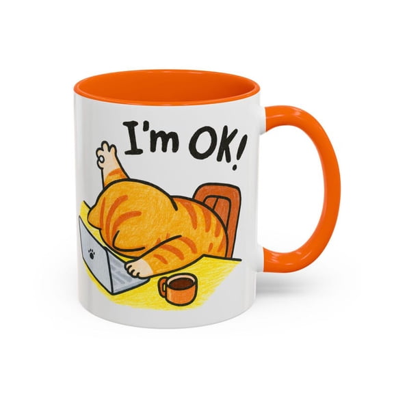 Funny C1At Mug I'm OK C1At on Laptop Coffee Cup, Work From Home Humor, Tired C1Aartoon Gift for Coworker, Coder, Student, Office, Tech, IT