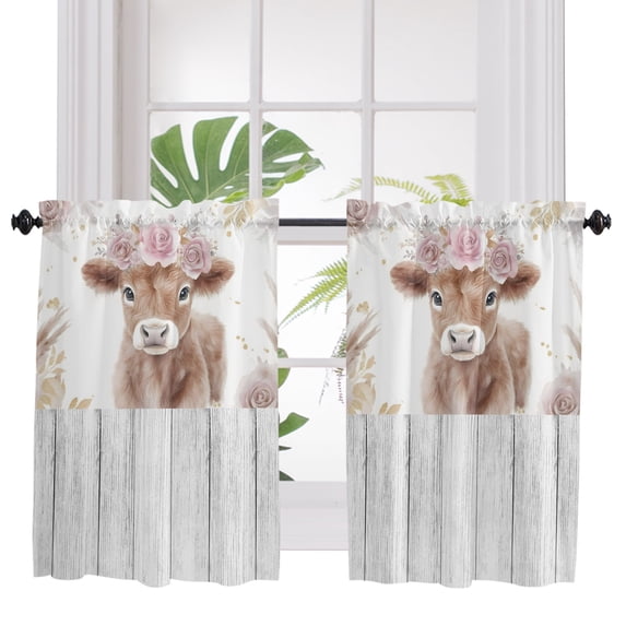 Funny Calf Bathroom Window Curtain, Pink Flowers Wreath Farmhouse Wooden Grain Light Filtering Coffee Kitchen Curtains, Bedroom Living Room Curtains 2 Panel 84"x45"
