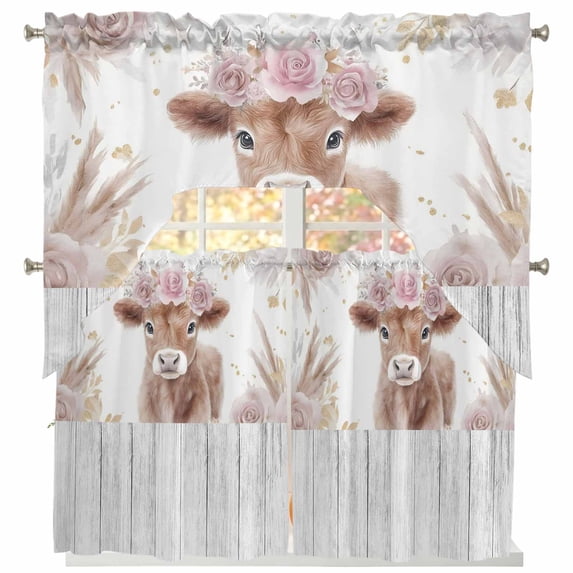 Funny Calf Swag Kitchen Curtains Sets for Windows 24 Inch Length, Pink Flowers Wreath Farmhouse Wooden Grain Short Window Curtain Panels Swags Valances and Tiers 3 Piece Set for Cafe/Dining Room