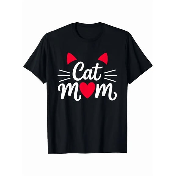 Funny Calico Cat Mom Vacuum Chase Meme Graphic T-Shirt - with Lettering & Red Heart - Lightweight Short Sleeve Round Neck Casual Tee for Cat Lovers, All-Season Comfort, Durable