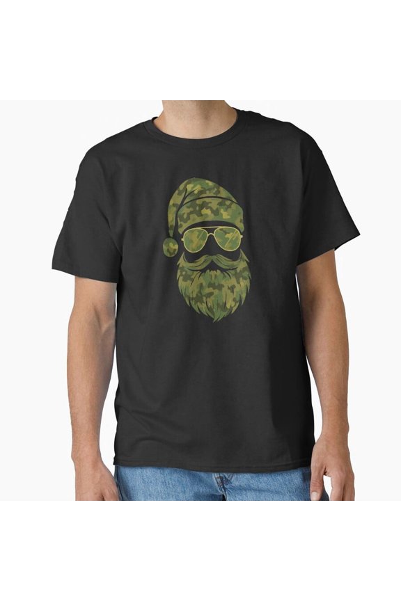 Funny Camo Bearded Man Kris Kringle Design Holiday Apparel Unisex T-Shirt, up to Size 5XL