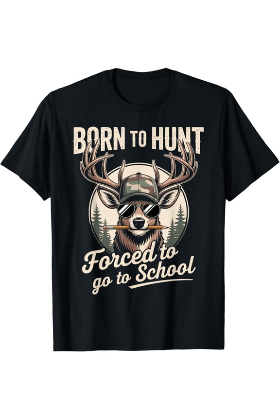 Funny Camo Deer Hunting Men Adult Forced to Go to School Kids Boys Girls T-shirt