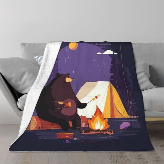 Funny Camping Bear Blanket, Campfire & Tent Art, Soft Flannel Fleece, Outdoor Gift 50x40