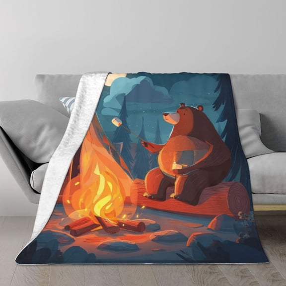 Funny Camping Bear Blanket, Campfire & Tent Art, Soft Flannel Fleece, Outdoor Gift 50x40