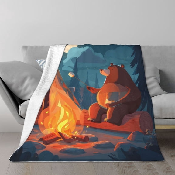 Funny Camping Bear Blanket, Campfire & Tent Art, Soft Flannel Fleece, Outdoor Gift 80x60