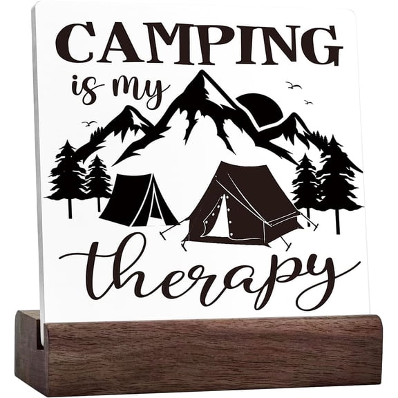 Funny Camping Ceramic Table Plaque Signs Desk Decor,Camping Is My Therapy Quote Camping Signs For Campers Home Tent Hotels Shelf Table Decoration,Rustic Camping Signs Decor