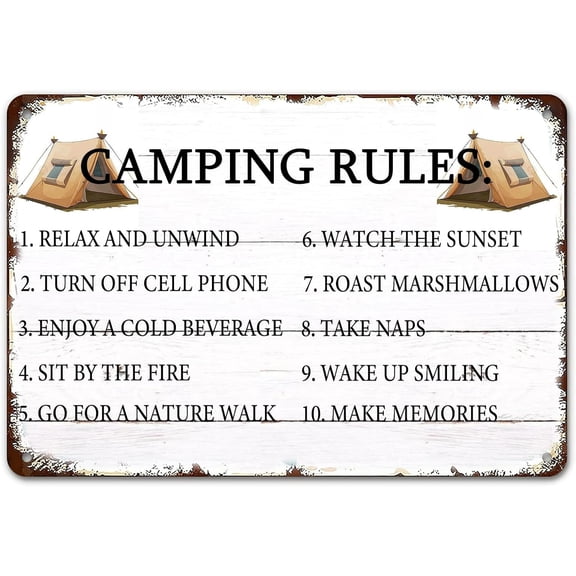 Funny Camping Rules Metal Tin Sign Relax And Unwind/Turn Off Cell Phone Creative Tin Signs For Home Cafe Bar Club Camper Decor Gifts Camping Themed Decor 8x12 Inch