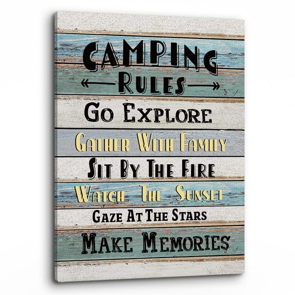 Funny Camping Rules Quote Wall-Art, Farmhouse Rustic Camping Rules Camper Signs Print Framed Canvas Painting Artwork RV Home Room Decor