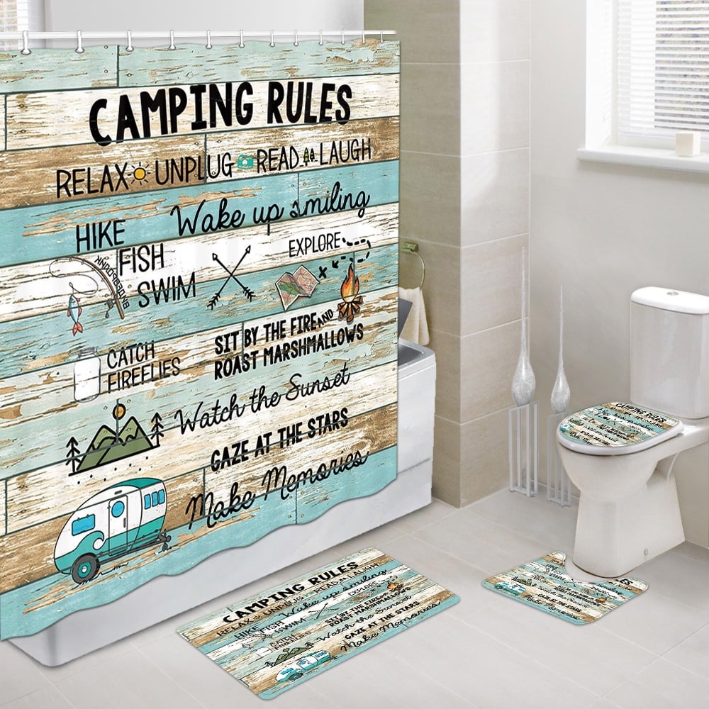 Funny Camping Rules Shower Curtain Sets with Bath Rug Mat, Contour Mat