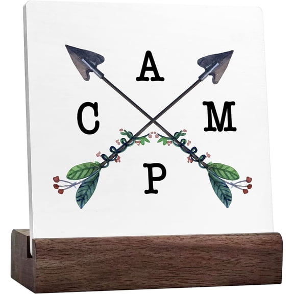 Funny Camping Sign Desk Decor,Rustic Camping Quote Ceramic Table Sign Plaque Desk Decorations For Home Campsite Trailer Camper Desk Shelf Table Decor (Camp Sign)