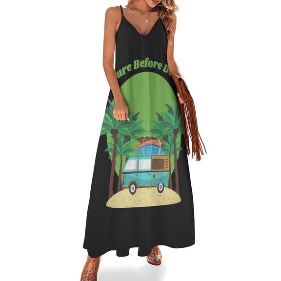 Funny Camping Sleeveless Suspender Dress Summer Fashion Casual Long Dress